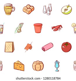 Various food and drink images set. Background for printing, design, web. Usable as icons. Seamless. Colored.