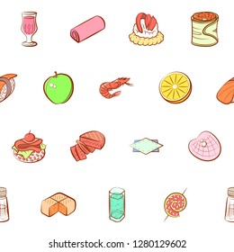 Various food and drink images set. Background for printing, design, web. Usable as icons. Seamless. Colored.