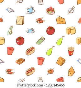 Various food and drink images set. Background for printing, design, web. Usable as icons. Seamless. Colored.