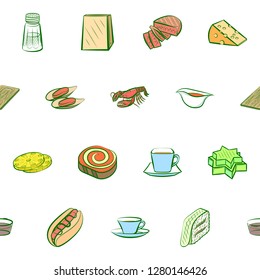 Various food and drink images set. Background for printing, design, web. Usable as icons. Seamless. Colored.