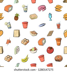Various food and drink images set. Background for printing, design, web. Usable as icons. Seamless. Colored.