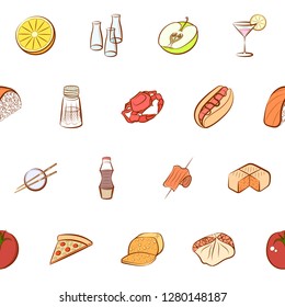 Various food and drink images set. Background for printing, design, web. Usable as icons. Seamless. Colored.