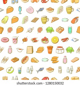 Various food and drink images set. Background for printing, design, web. Usable as icons. Seamless. Colored.