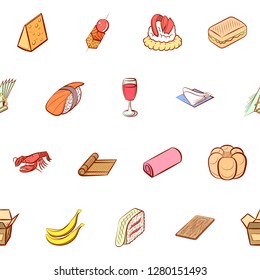 Various food and drink images set. Background for printing, design, web. Usable as icons. Seamless. Colored.