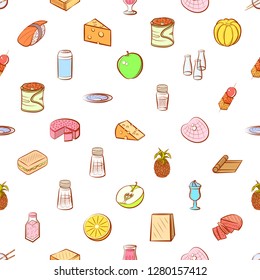 Various food and drink images set. Background for printing, design, web. Usable as icons. Seamless. Colored.