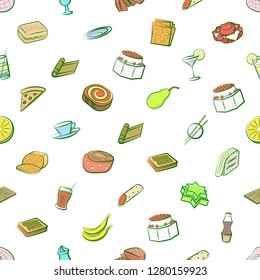 Various food and drink images set. Background for printing, design, web. Usable as icons. Seamless. Colored.