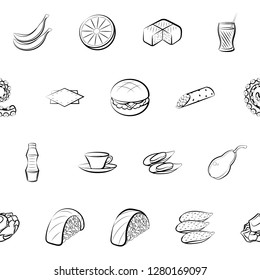 Various food and drink images set. Background for printing, design, web. Usable as icons. Seamless. Monochrome binary, black and white.