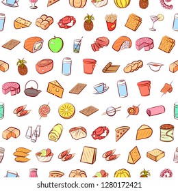 Various food and drink images set. Background for printing, design, web. Usable as icons. Seamless. Colored.