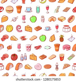 Various food and drink images set. Background for printing, design, web. Usable as icons. Seamless. Colored.