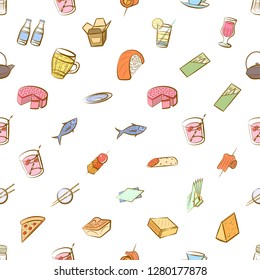 Various food and drink images set. Background for printing, design, web. Usable as icons. Seamless. Colored.