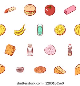 Various food and drink images set. Background for printing, design, web. Usable as icons. Seamless. Colored.