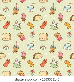 Various food and drink seamless background in kawaii style vector