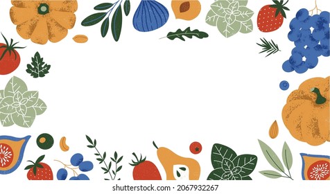 Various food elements on a white background. Free space for text. Cooking ingredients frame.