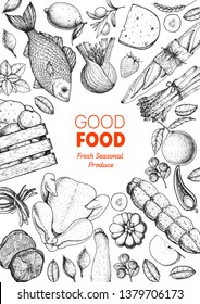 Various food frame. Good food store design concept. Organic food illustration. Farmers market design elements. Hand drawn sketch.