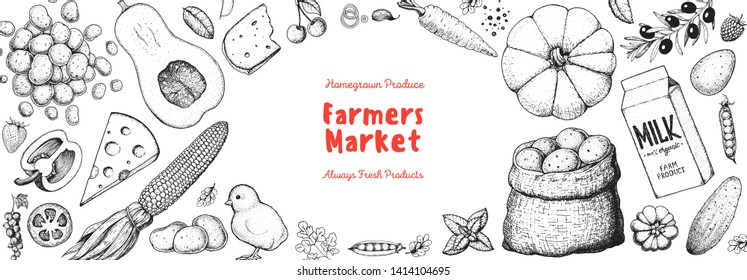 Various food frame. Good food store design concept.  Organic food illustration. Farmers market design elements. Hand drawn sketch. Potato, corn, carrot, berries, pea, pumpkin, cheese, herbs, tomato.