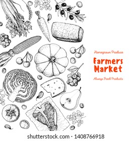 Various food frame. Meat, vegetabeles and fruits. Good food store concept. Organic food illustration. Farmers market design elements. Hand drawn sketch.