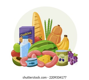 Various Food Grocery Products Or Fresh Daily Meal. Cookies Package, Vegetables, Fruit, Bread, Sausage And Canned Food. Cooking Products, Supermarket Goods Cartoon Vector