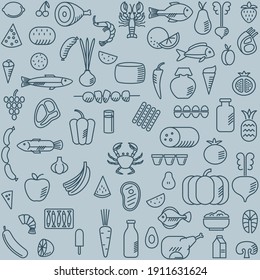 Various food icons. Seafood, fruits, meat and vegetables symbols. Linear stylish graphics