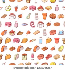 Various food images set. Background for printing, design, web. Usable as icons. Seamless. Colored.