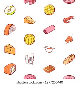 Various food images set. Background for printing, design, web. Usable as icons. Seamless. Colored.