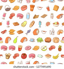 Various food images set. Background for printing, design, web. Usable as icons. Seamless. Colored.