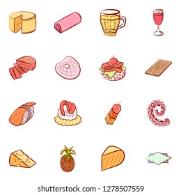 Various food images set. Background for printing, design, web. Usable as icons. Colored.