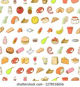 Various food images set. Background for printing, design, web. Usable as icons. Seamless. Colored.