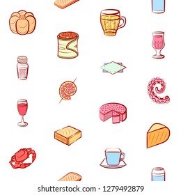 Various food images set. Background for printing, design, web. Usable as icons. Seamless. Colored.