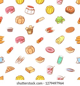 Various food images set. Background for printing, design, web. Usable as icons. Seamless. Colored.