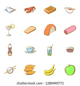 Various food images set. Background for printing, design, web. Usable as icons. Colored.