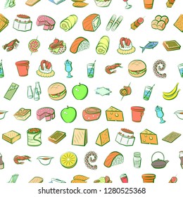 Various food images set. Background for printing, design, web. Usable as icons. Seamless. Colored.