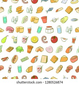 Various food images set. Background for printing, design, web. Usable as icons. Seamless. Colored.