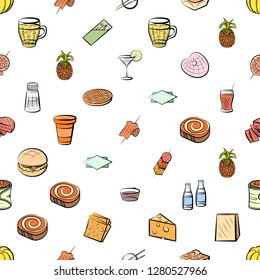 Various food images set. Background for printing, design, web. Usable as icons. Seamless. Colored.