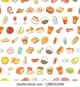 Various food images set. Background for printing, design, web. Usable as icons. Seamless. Colored.
