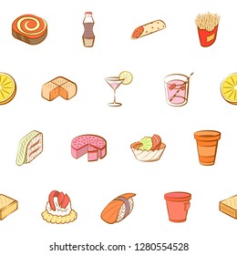 Various food images set. Background for printing, design, web. Usable as icons. Seamless. Colored.