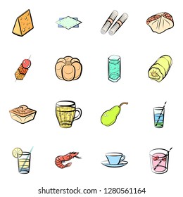 Various food images set. Background for printing, design, web. Usable as icons. Colored.