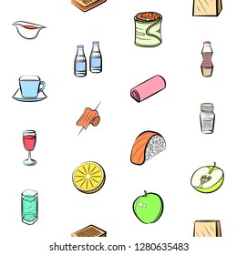 Various food images set. Background for printing, design, web. Usable as icons. Seamless. Colored.