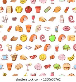 Various food images set. Background for printing, design, web. Usable as icons. Seamless. Colored.