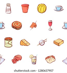 Various food images set. Background for printing, design, web. Usable as icons. Seamless. Colored.