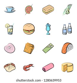 Various food images set. Background for printing, design, web. Usable as icons. Colored.