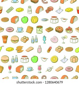 Various food images set. Background for printing, design, web. Usable as icons. Seamless. Colored.
