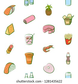 Various food images set. Background for printing, design, web. Usable as icons. Seamless. Colored.