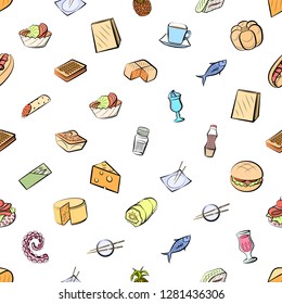 Various food images set. Background for printing, design, web. Usable as icons. Seamless. Colored.