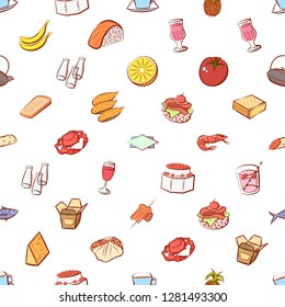 Various food images set. Background for printing, design, web. Usable as icons. Seamless. Colored.