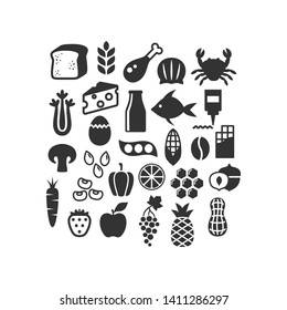Various food ingredients black vector icon collection. Food products symbol set, bread, apple, meat, fish and ect.