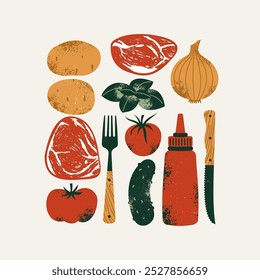 Coleção de vários ingredientes alimentares. Carne crua com batata e tomate com pepino e cebola. Ilustração vetorial