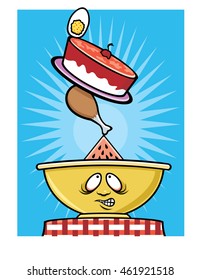 Various food items balanced on one another, in a bowl, vector illustration