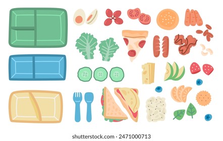 Various food items with empty bento boxes and utensils. Simple colorful illustration. Lunch in container for school or work. Healthy snack to go. Flat lay composition.