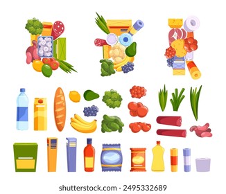 Various Food Items And Groceries Including Fruits, Vegetables, Dairy Products, Bread, Bottles, And Packaged Goods