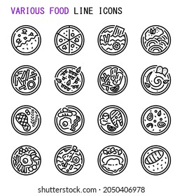 Various food line icons,  Set of simple various food sign line icons, Cute cartoon line icons set, Vector illustration, Various food related icons, Types of food line icon